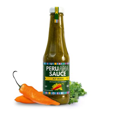 Peruana Sauce Aji Verde Sauce - Authentic Spicy Peruvian Green Hot Sauce - 12.7 oz Glass Bottle - Made in Peru with Fresh Ingredients, No Artificial Colors, Gluten Free, Peanut Free, Lactose Free