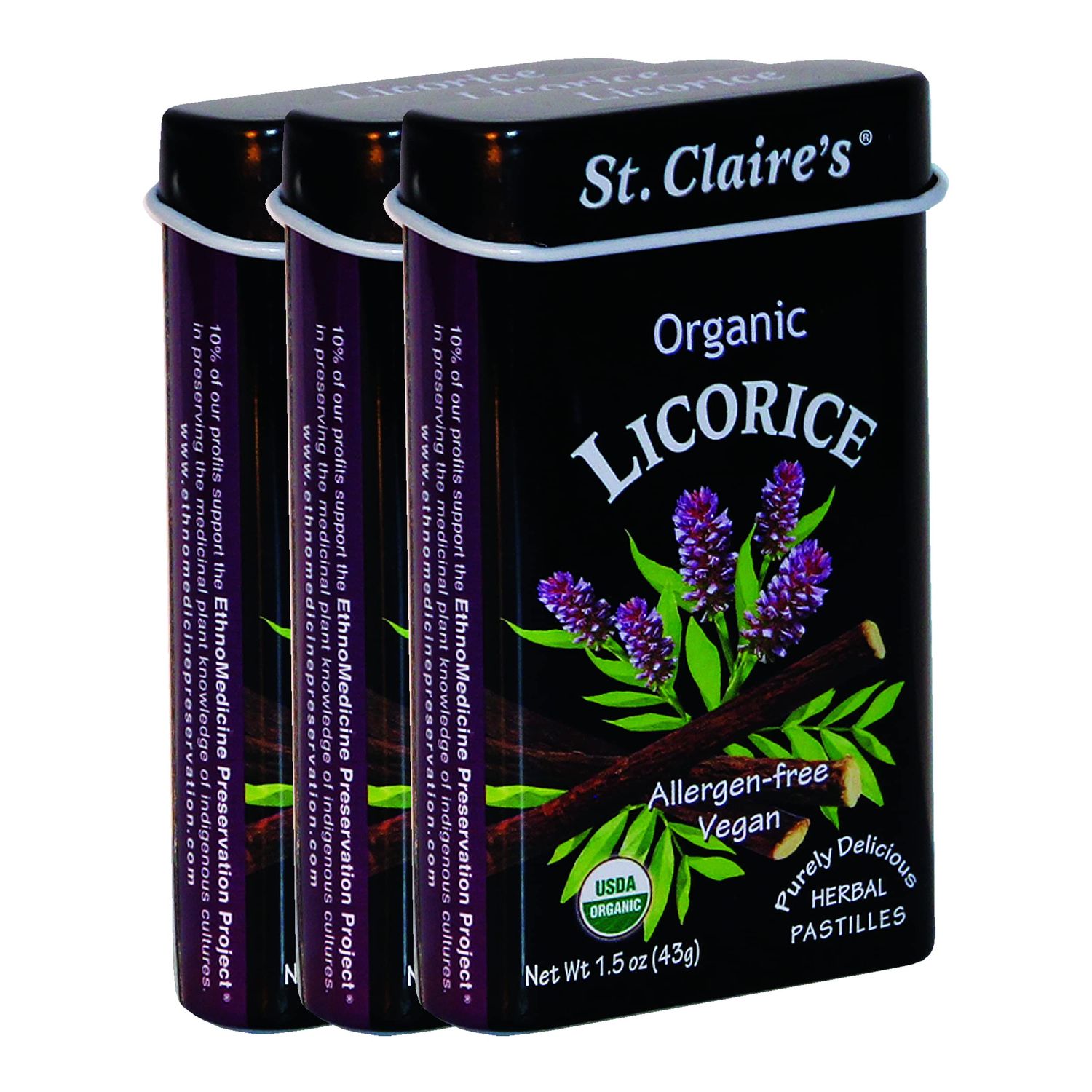 St. Claire&#39;s Organic Herbal Pastilles, (Licorice, 1.5 Ounce Tin, Bundle of 3) Gluten-Free, Vegan, GMO-Free, Plant-based, Allergen-Free Made in our Allergen-Free facility