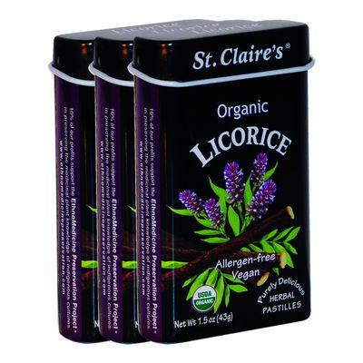 St. Claire&#39;s Organic Herbal Pastilles, (Licorice, 1.5 Ounce Tin, Bundle of 3) Gluten-Free, Vegan, GMO-Free, Plant-based, Allergen-Free Made in our Allergen-Free facility