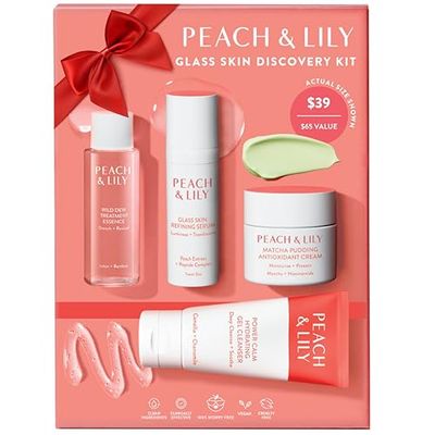 Peach &amp; Lily - Glass Skin Discovery Kit (4 Products) - Cleanser, Essence, Serum, &amp; Cream - Facial Skincare Set - Acne Routine - Trial &amp; Travel Size - Vegan, Gluten Free, &amp; Cruelty Free - Korean Beauty