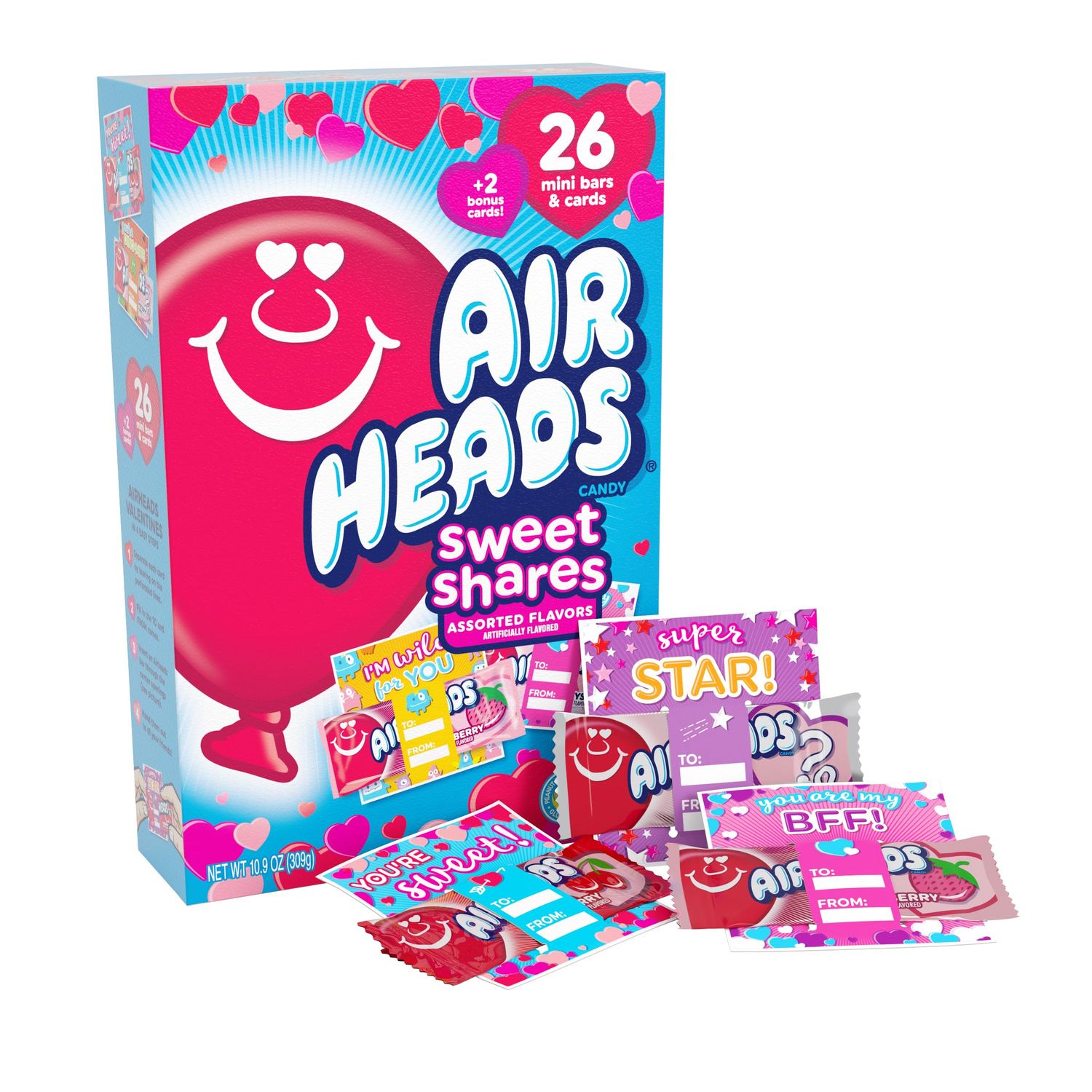 Airheads Candy, Valentine&#39;s Day Assorted Flavors Exchange Box - Includes 26 Mini Bars &amp; Cards
