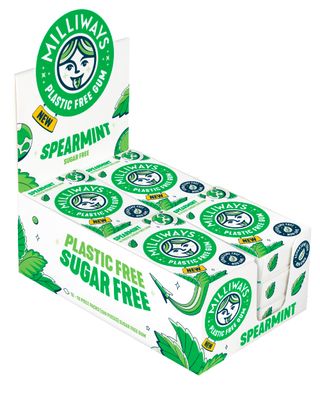 Milliways Spearmint Super Natural Gum - Plastic-Free Chewing Gum Xylitol, Aspartame-Free, Sugar-Free, Plant-Based 12 Packs of 10 Pieces (120 Pieces Total)