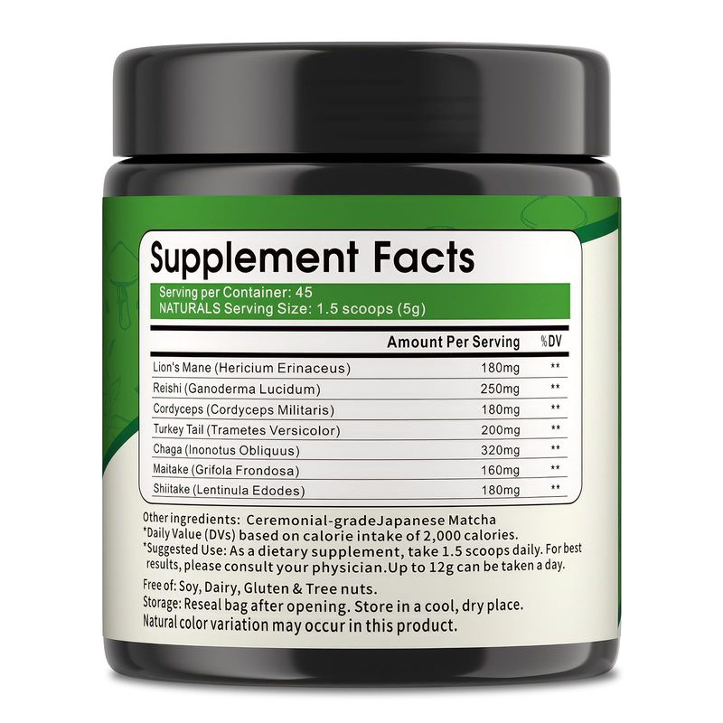 Mushroom Matcha Powder, Japanese Ceremonial Matcha Infused With 7 Superfood Mushrooms, MCT Oil, Coconut Milk Powder, Natural, Gluten Free, Taste Great Matcha Latter 8 Oz(45 Servings)