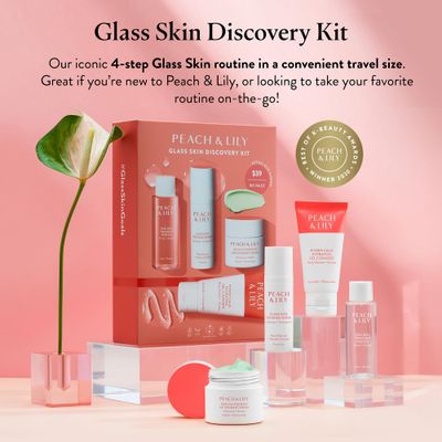 Peach &amp; Lily - Glass Skin Discovery Kit (4 Products) - Cleanser, Essence, Serum, &amp; Cream - Facial Skincare Set - Acne Routine - Trial &amp; Travel Size - Vegan, Gluten Free, &amp; Cruelty Free - Korean Beauty