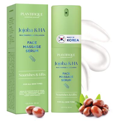PLANTIFIQUE Korean Jojoba Oil &amp; Hyaluronic Acid Face Massage Serum - Hydrating Anti-Aging Collagen &amp; Niacinamide Formula - Perfect for Gua Sha Facial Massage - Gift for Men &amp; Women