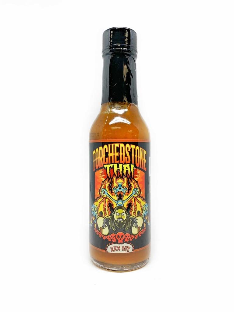 Torchbearer Sauces Brimestone - TorchedsStone Thai XXX Hot Sauce, 5 fl oz, Heat Level 6 - Fiery Carolina Reaper and Scorpian Pepper Thai Curry with Fruity Hints of Pineapple and Papaya