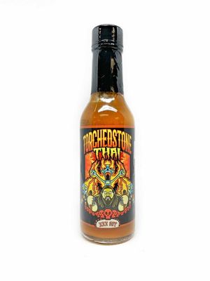 Torchbearer Sauces Brimestone - TorchedsStone Thai XXX Hot Sauce, 5 fl oz, Heat Level 6 - Fiery Carolina Reaper and Scorpian Pepper Thai Curry with Fruity Hints of Pineapple and Papaya