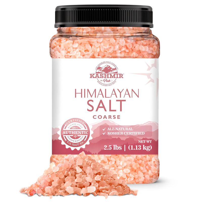 LA SALT CO Kashmir 2.5 Lbs Pink Himalayan Salt Jar, Coarse 100% Pure, Food Grade with 84 Trace Minerals Kosher Certified, Vegan, Non-GMO, &amp; Cruelty-Free (Jar Style May Vary)