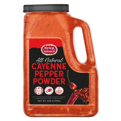 Spicy World Hot Cayenne Pepper Powder Bulk 5 LBS Jar - Red Ground Pepper 50,000 SHU Heat Unit - Gluten Free All Natural Red Pepper- Freshly Packed In USA, For Commercial &amp; Home Use