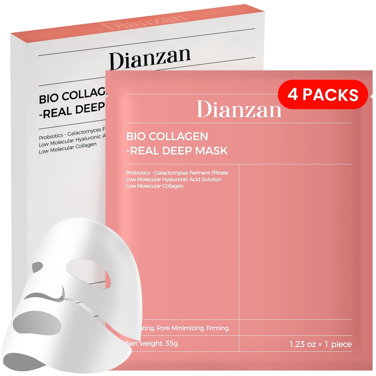 Dianzan Bio-Collagen Real Deep Mask,Overnight Hydrating Face Mask with Hyaluronic Acid &amp; Collagen, Korean Formula for Dry, Sensitive Skin - Tightens Pores, Firms Skin, Reduces Fine Lines,35g x 4ea