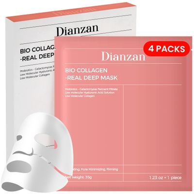 Dianzan Bio-Collagen Real Deep Mask,Overnight Hydrating Face Mask with Hyaluronic Acid &amp; Collagen, Korean Formula for Dry, Sensitive Skin - Tightens Pores, Firms Skin, Reduces Fine Lines,35g x 4ea