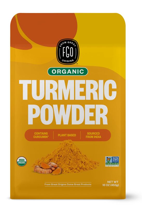 FGO Organic Turmeric Powder w/Curcumin, 1 Pound / 16oz Bulk Resealable Pouch, USDA Organic and Non-GMO, Sourced from India, Packaging May Vary (Pack of 1)
