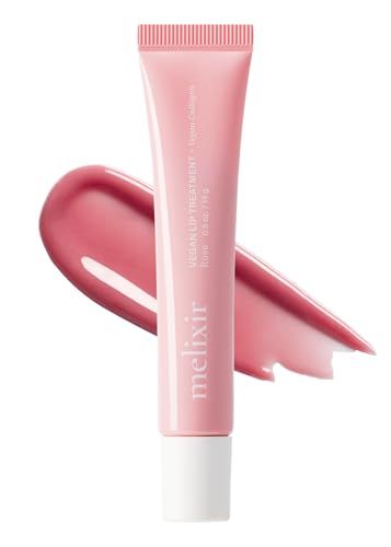 Melixir Vegan Lip Treatment, Sheer Tinted Lip Balm for Instant Hydration &amp; Shine, Moisturizing Lip Gloss, Infused with Vegan Collagen &amp; Jojoba Oil, Cruelty-Free, Korean Skincare-2 Rose(0.5oz)