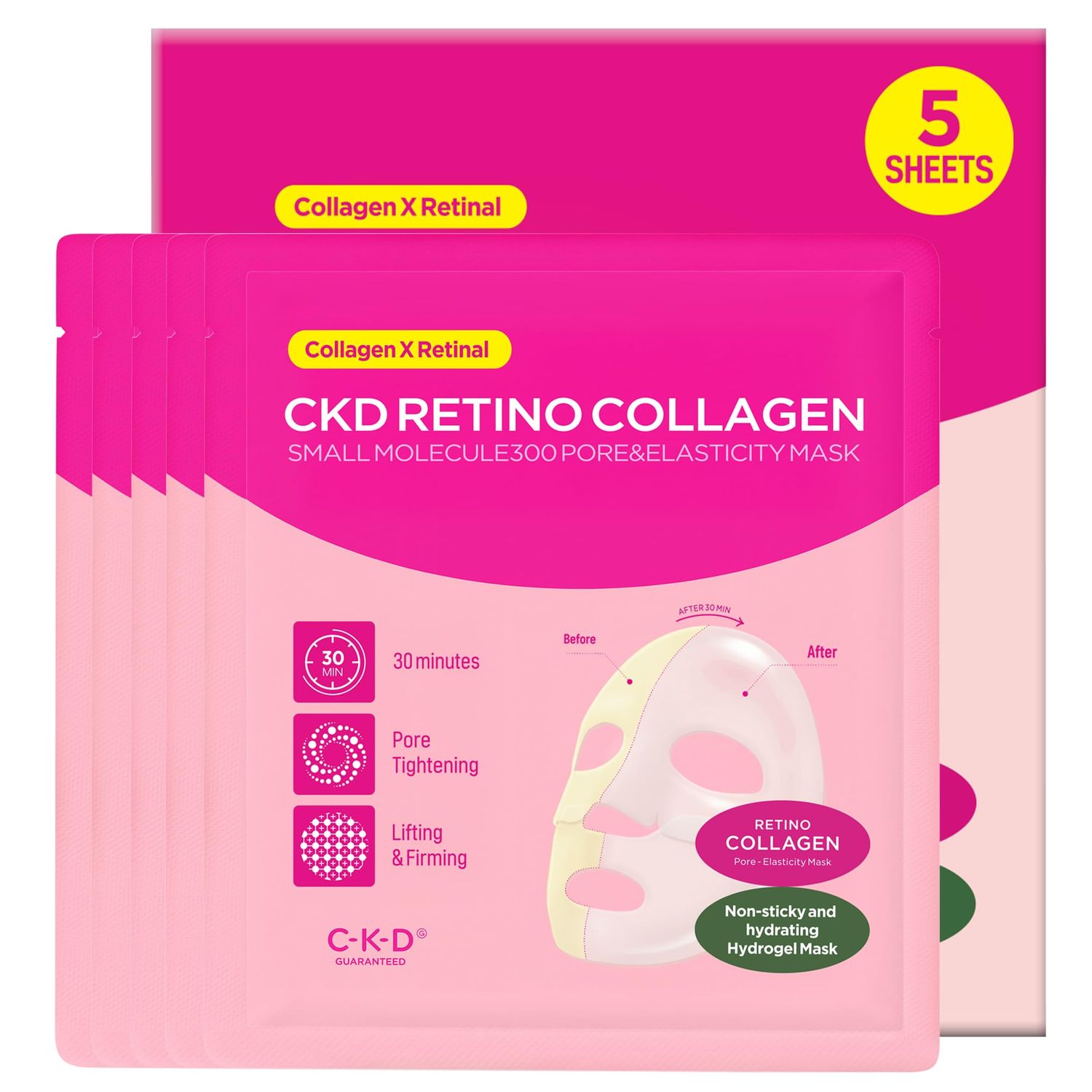 CKD Retino Collagen Boosting Hydrogel Face Mask (5ea) - Korean Overnight Jelly Mask for Glass Skin, Deep Moisturizing, and Pore Minimizing with Retinal &amp; Low Molecular Collagen. Korean Skin Care