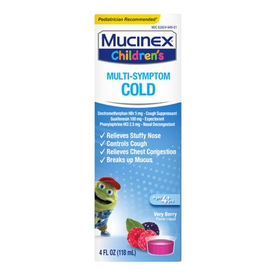 Mucinex Children&#39;s Multi-Symptom Cold Medicine, Kids Cough Medicine, Mucinex Kids Medicine/Decongestant with Dextromethorphan HBr, Guaifenesin, Phenylephrine HCl, Very Berry Flavor Liquid, 4 Fl Oz