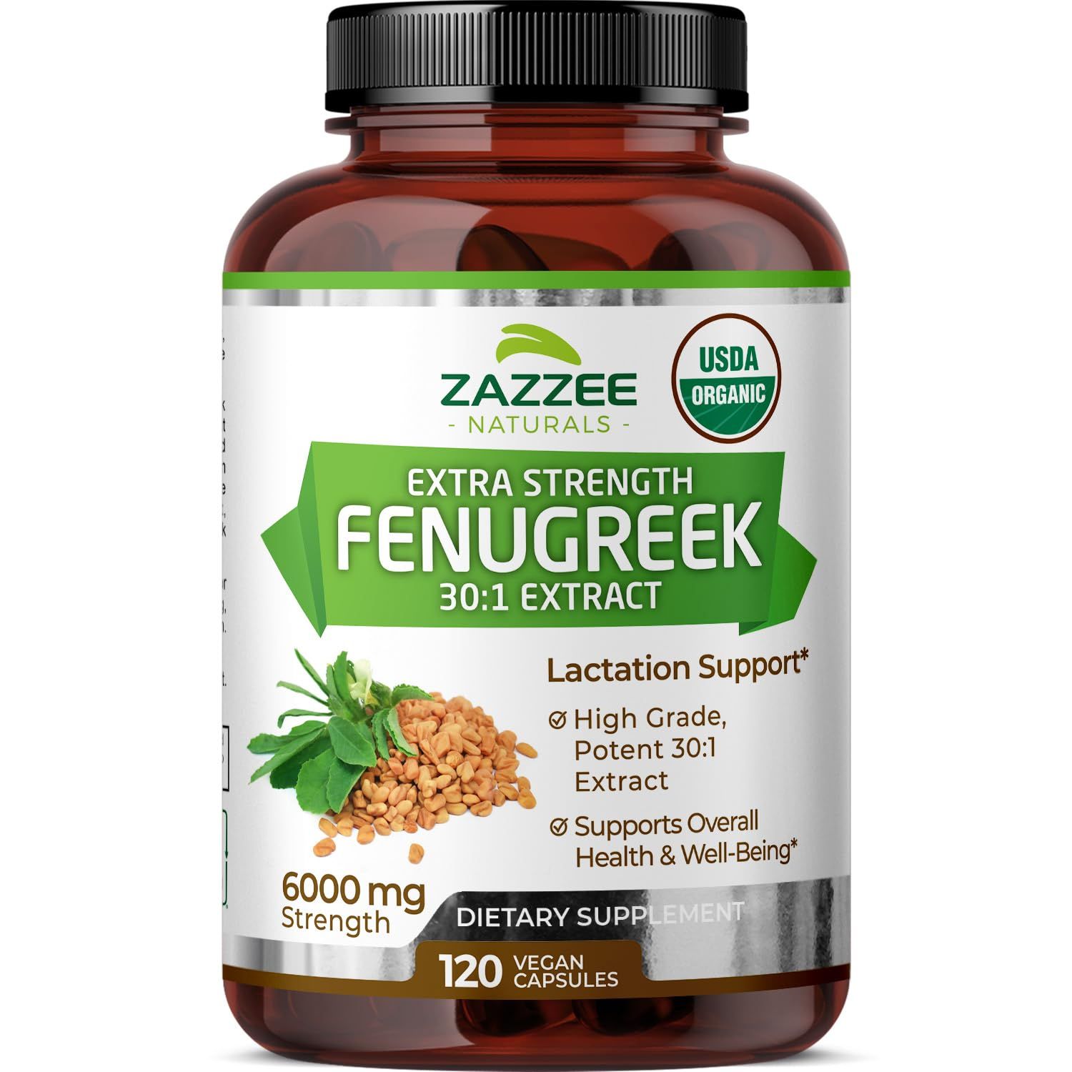 Zazzee USDA Organic Fenugreek 30:1 Extract, 6000 mg Strength, 120 Vegan Capsules, 4 Month Supply, Standardized and Concentrated 30X Extract, 100% Vegetarian, All-Natural and Non-GMO