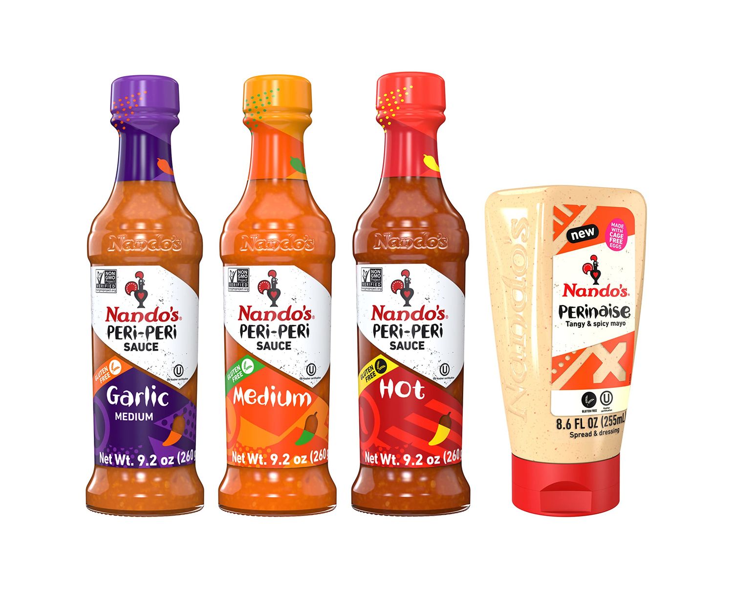 Nando&#39;s PERi-PERi Sauce Mixed Pack - Medium, Hot, Garlic, and PERinaise Original Gluten Free Non GMO, 9.1 oz and 8.6 oz (4 Pack)