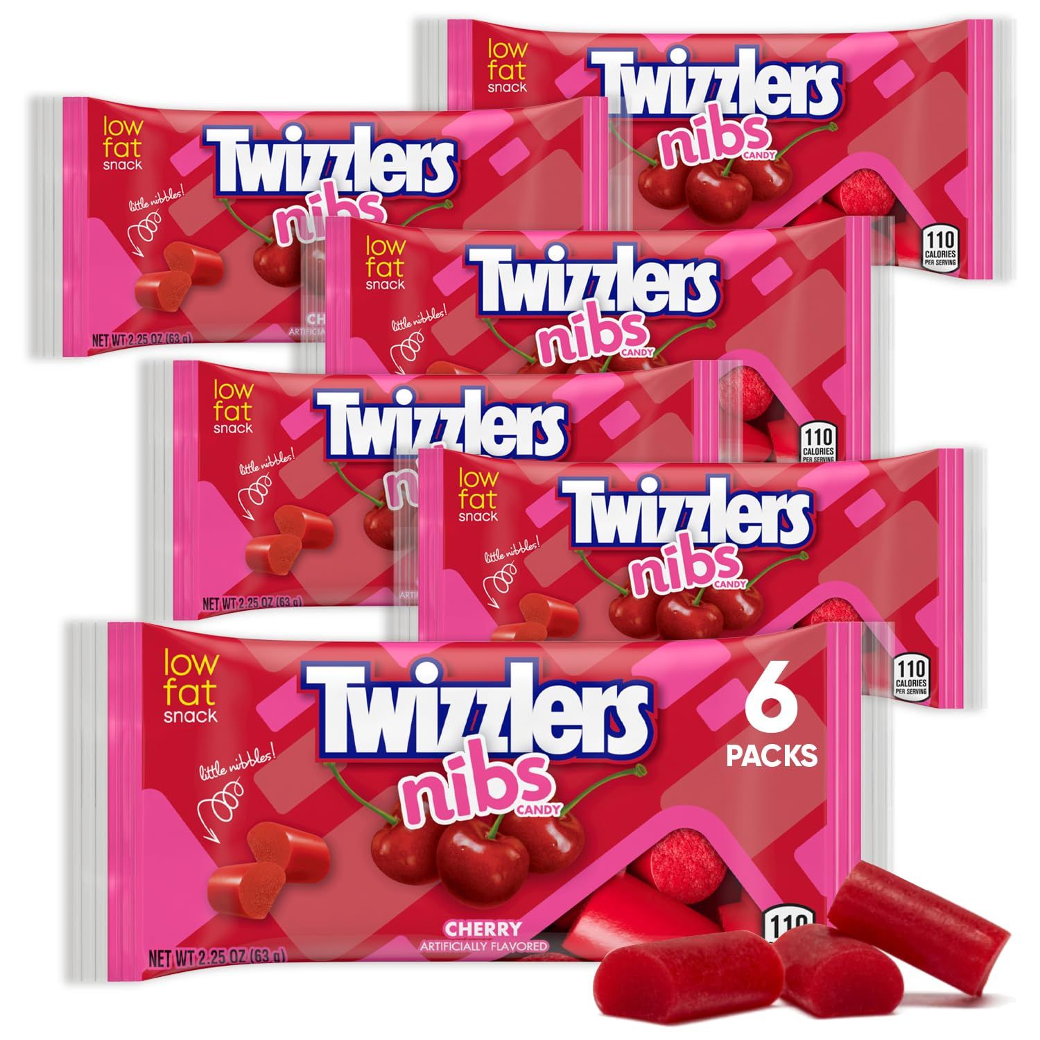 Licorice Candy Cherry Flavored Nibs 2.25oz 6 Packs - Chewy Confection Bursting with Tangy Cherry Goodness, Low Fat &amp; Cholesterol Free, Candy Halloween Red Vines Old Time Retro Candy