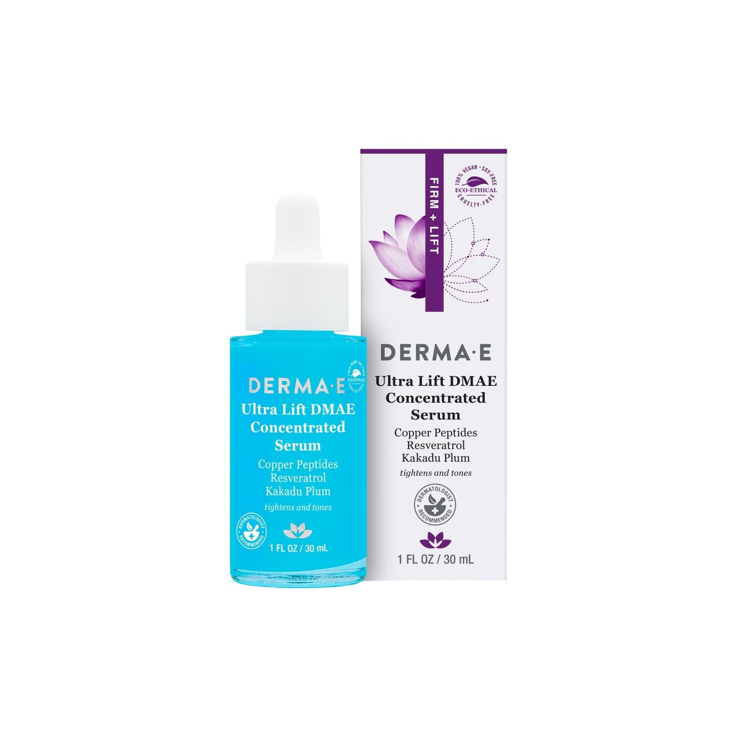 DERMA E Ultra Lift DMAE Concentrated Serum - All Natural Skin Firming &amp; Hydrating Serum with Copper Peptides and Resveratrol - Concentrated Facial Skin Care, 1oz