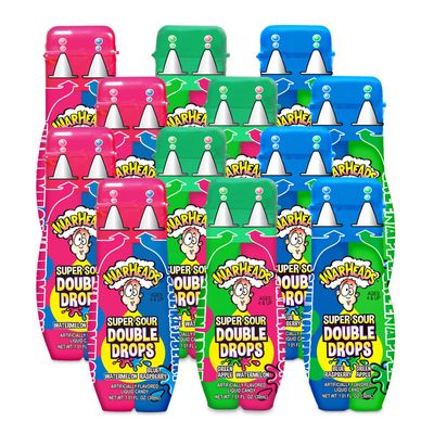 WARHEADS Super Sour Double Drops - Liquid Sour Candy - Blue Raspberry, Green Apple and Watermelon Assorted Flavors - 1.01 oz. Bottles - 12 Pack