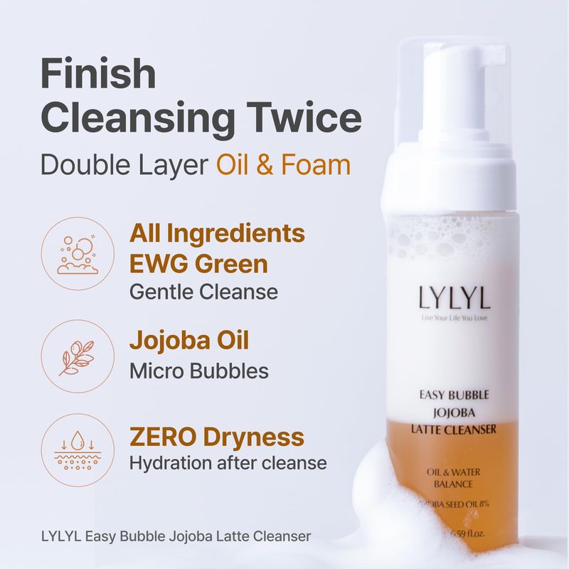 LYLYL Easy Bubble Jojoba Latte Cleanser, 9 Grain Based Ingredients, Oil&amp;Foam Cleanser, EWG Green Ingredients, Double Cleansing, All Skin Types, No Dry Tight Feeling, Korean Skincare, 6.59 fl.oz/195ml