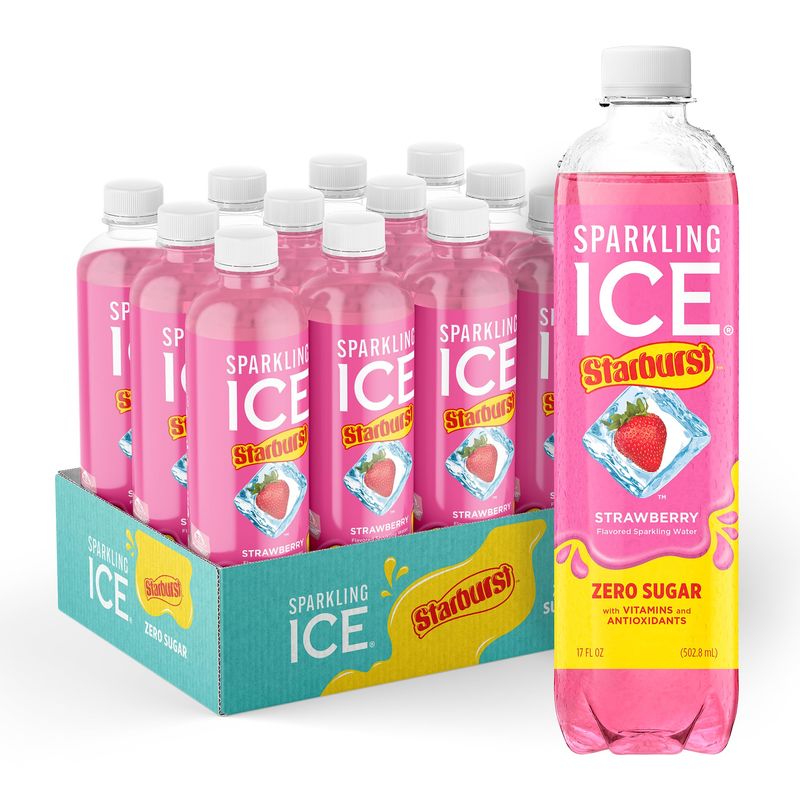 Sparkling Ice STARBURST Strawberry, Zero Sugar Flavored Sparkling Water, with Vitamins and Antioxidants, Low Calorie Beverage, 17 fl oz Bottles (Pack of 12)