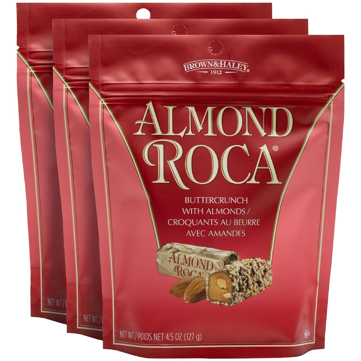 Brown &amp; Haley Almond ROCA Stand-up Pouch, Individually Wrapped Chocolate Candy, Classic Buttercrunch Toffee with Almonds, 4.5 Ounces (Pack of 3)