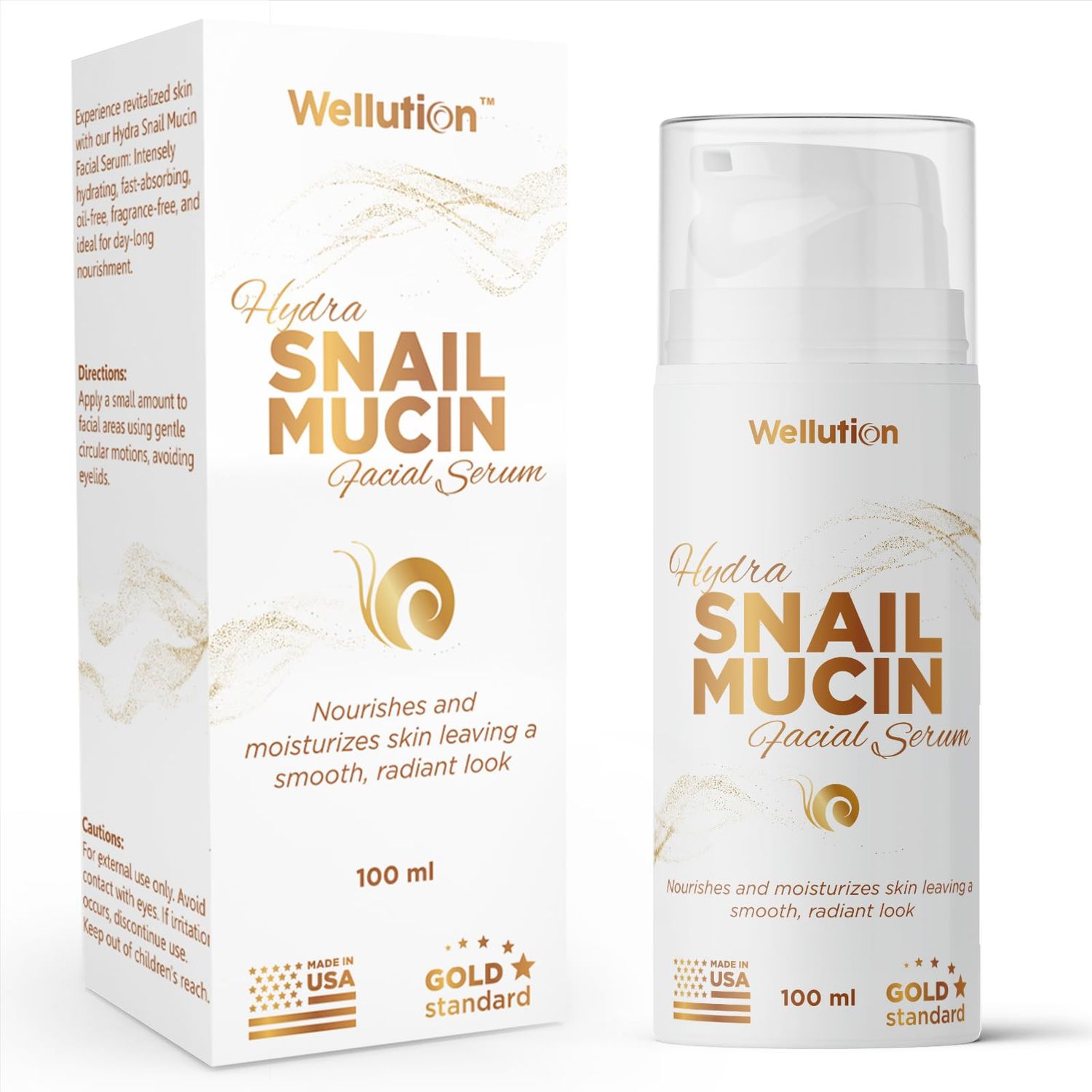 Hydrating Snail Mucin Serum - With Hyaluronic Acid &amp; Aloe - Korean Anti-Aging Skincare - 80% Pure - 3.4oz - Made in USA - by WELLUTION