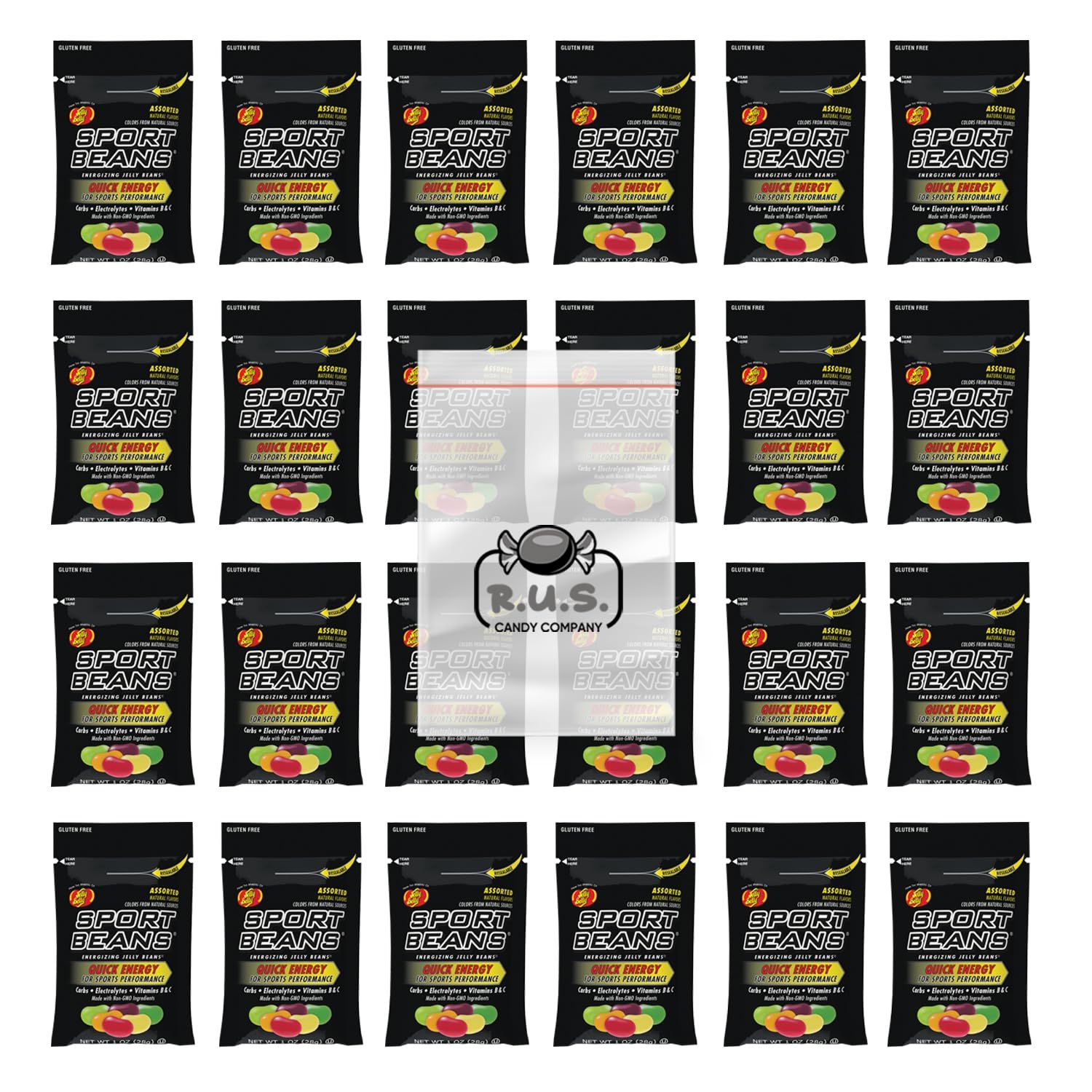 Jelly Belly Sport Beans Energizing Jelly Beans - 24 Pack- includes RUS Candy Company Travel Size Pocket Bag (Assorted Flavors)