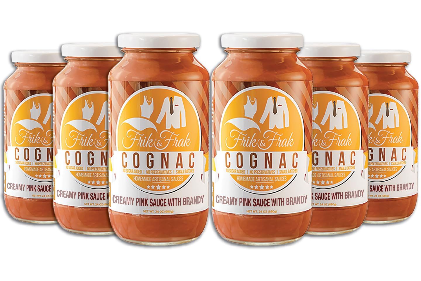 Cognac Pasta Sauce by Frik &amp; Frak, 6-Pack, No Sugar Added, No Preservatives, Gluten Free, 36 Month Shelf Life, Artisan Small Batch Crafted Pasta Sauces, 24 Oz Jars