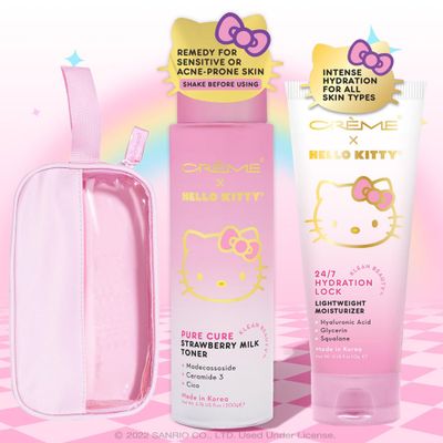 Glam Lux Beauty Korean Skincare Bundle Hello Kitty by Sanrio Pure Cure Strawberry Milk Toner Ceramides, Hydration Lock Lightweight Moisturizer Hyaluronic Acid, Squalene, &amp; Glycerin Remedy for Acne