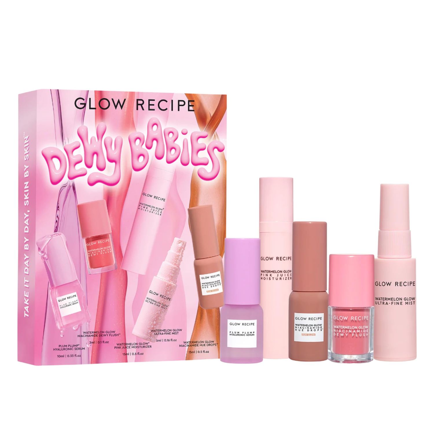 Glow Recipe Dewy Babies Travel Skincare Set - Plum Plump Hyaluronic Acid Serum Dewy Flush Tinted Blush Drops Pink Juice Face Moisturizer Bronzing Hue Drops Ultra Fine Facial Mist (5 Count)