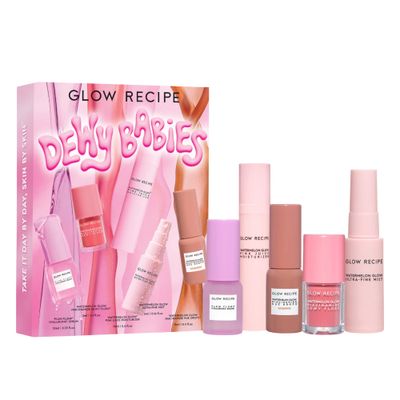 Glow Recipe Dewy Babies Travel Skincare Set - Plum Plump Hyaluronic Acid Serum Dewy Flush Tinted Blush Drops Pink Juice Face Moisturizer Bronzing Hue Drops Ultra Fine Facial Mist (5 Count)