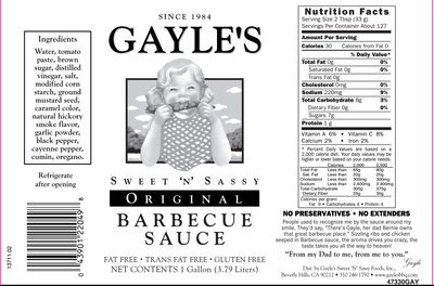 Gayle's Sweet 'N' Sassy Original BBQ Barbecue Barbeque Sauce, 1 Gallon