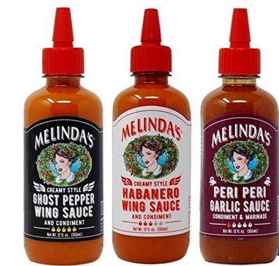 Melinda&#39;s Hot Sauce Condiment 3 Flavor Variety Pack - (1) each: Creamy Ghost Pepper, Creamy Habanero, Peri Peri Garlic (12 Ounces)