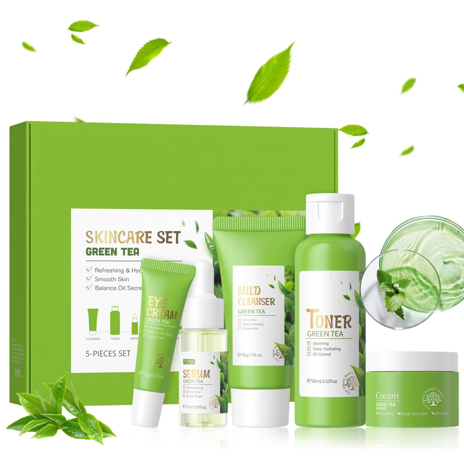 Green Tea Skincare Set for Women, Facial Kit for Women/Teenage Girls, Facial Skin Care Sets &amp; Kits with Cleanser, Toner, Serum, Eye Cream, Cream, Skincare Gift Set Glow Skin, Balance Oil, Shrink Pore