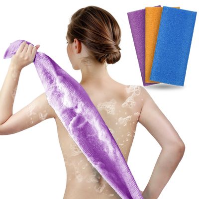 ARCH&amp;M Exfoliating Washcloth Body Scrubber Back Scrubber for Shower Japanese Beauty Washcloth Bath Wash Cloth Korean Exfoliation Luffah Towel Net Sponge Loofah Scrub 3 Pack (Orange Purple Navy-Blue)
