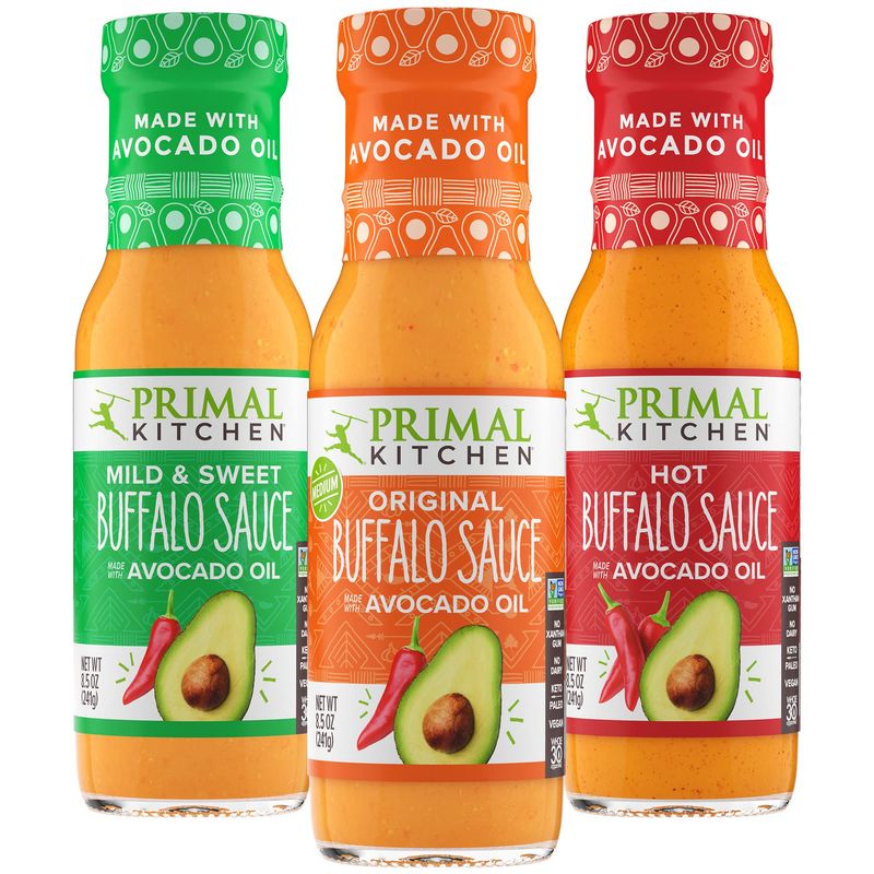 Primal Kitchen No-Dairy Buffalo Sauce Variety 3-Pack, Made with Real Ingredients Like Avocado Oil and No Cane Sugar or Corn Syrup, Includes 1 Original, 1 Hot, and 1 Mild &amp; Sweet Buffalo Sauce