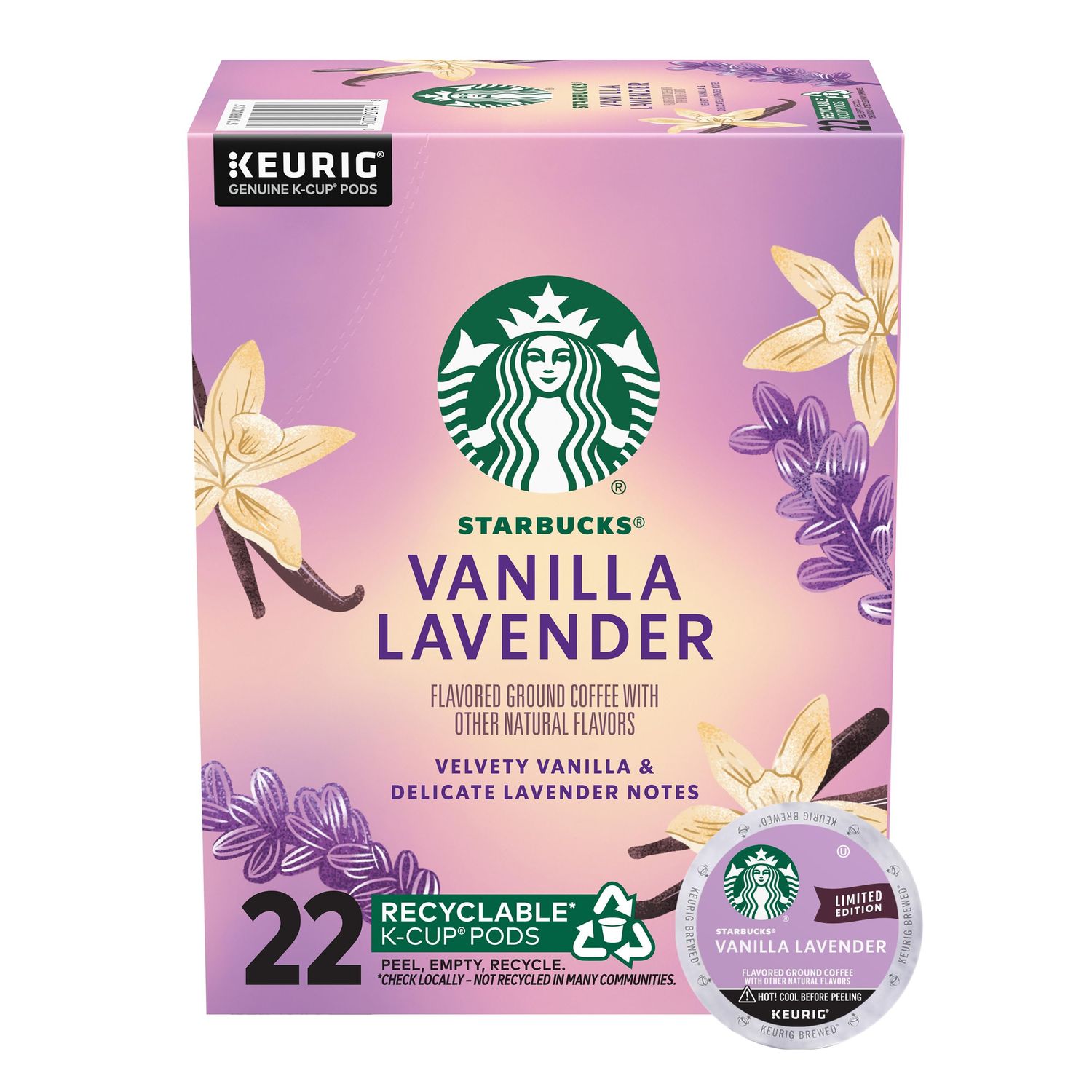 Starbucks K-Cup Coffee Pods, Vanilla Lavender Flavored Coffee for Keurig Coffee Makers, 100% Arabica, Limited Edition, 1 Box (22 Pods)
