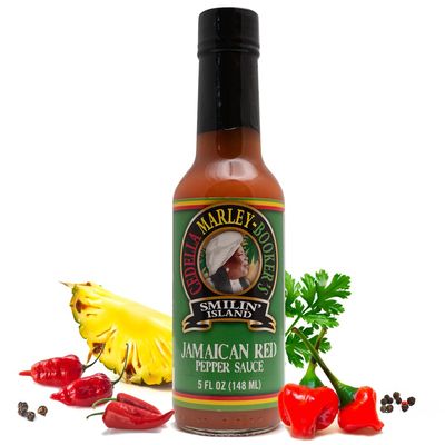 Smilin Island&#39;s Jamaican Red Hot Sauce with Habanero, Naga Jolokia Peppers and Pineapples 1Bottle 5oz by Cedella Marley Booker