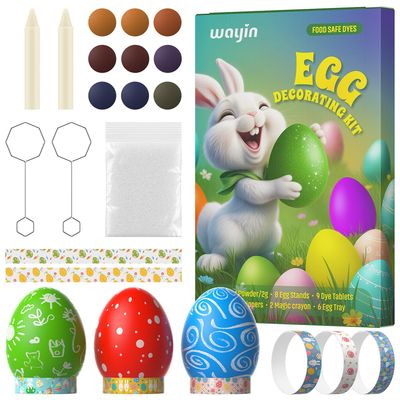Wayin Easter Egg Decorating DIY Kit - Egg Food Coloring Dye Kit with Glitter Power, Dye Tablets, Stands, Egg Dippers, Magic Crayon, Easter Coloring for Theme Party
