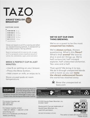 TAZO Awake English Breakfast Tea K-Cups, Bold Traditional Breakfast-Style Black Tea for Health and Wellness, 22 Pods
