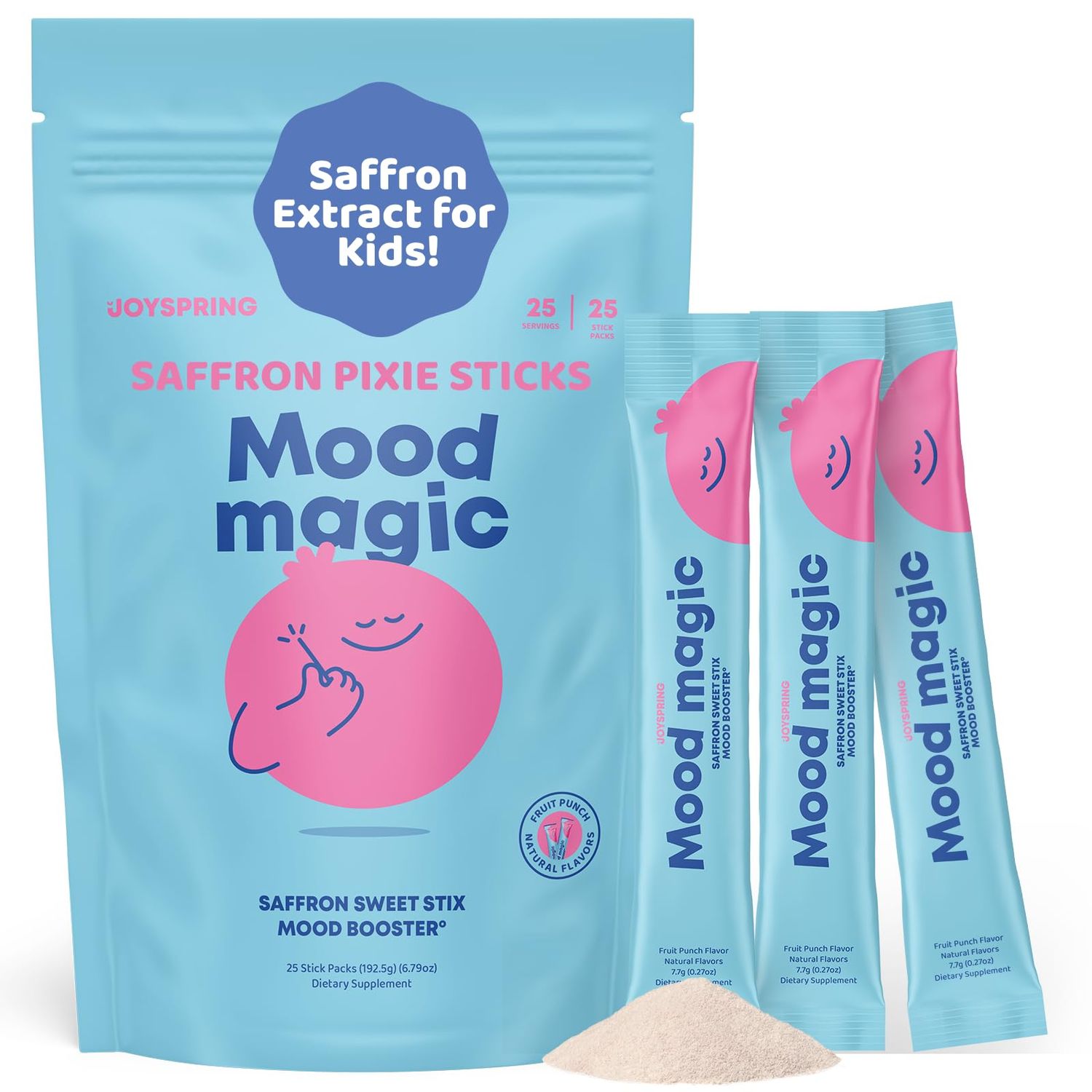 JoySpring Pixie Sticks with Saffron &amp; GABA for Kids Mood Balance Supplements for Kids Sugar-Free Powder Candy or Water Flavor Powder (25 Servings)