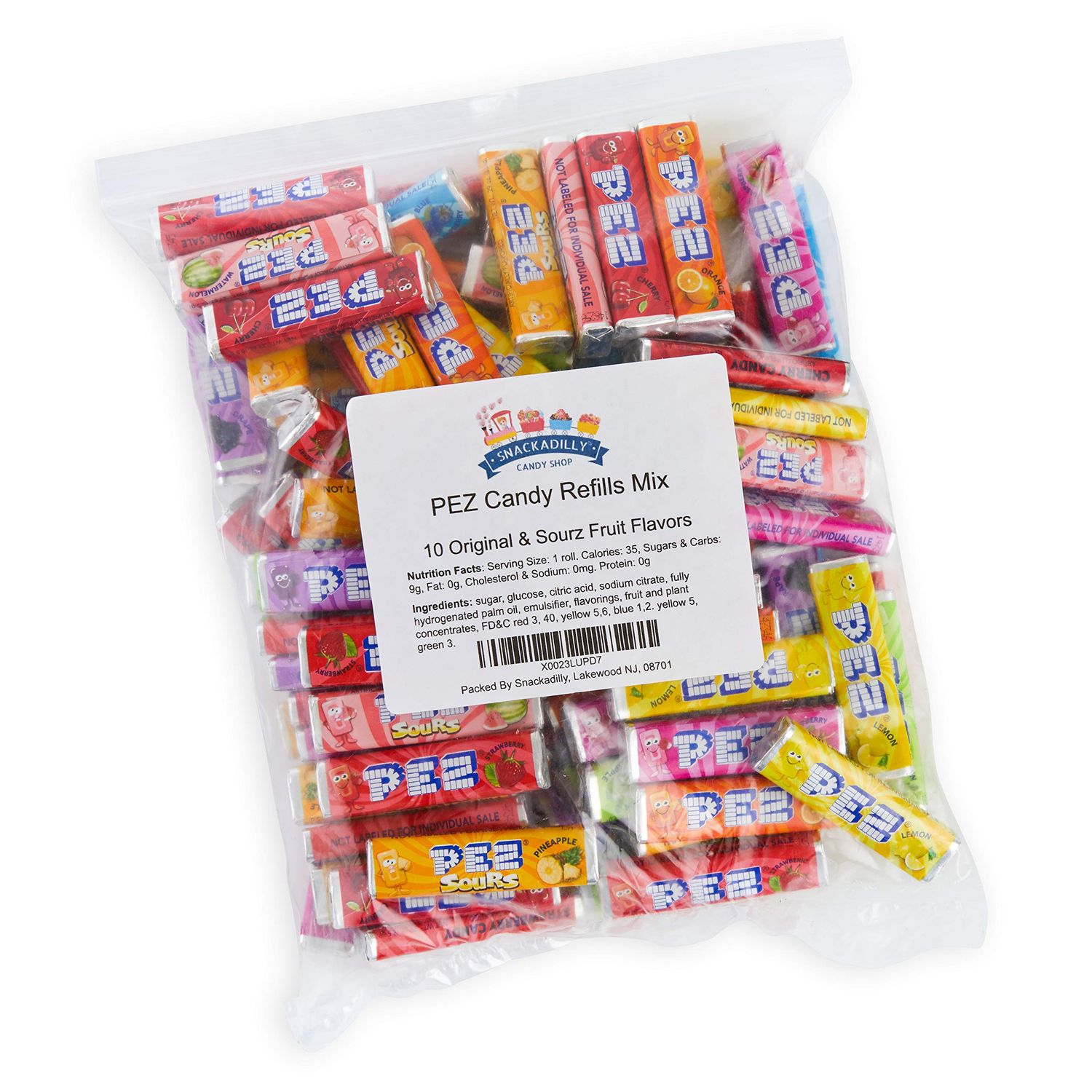 Pezz 10 Flavor Assortment 1 LB Bag - Cherry, Grape, Lemon, Orange, Raspberry, Strawberry, Sourz Green Apple, Blue Raspberry, Watermelon &amp; Pineapple - Packaged By Snackadilly