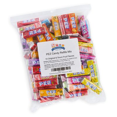 Pezz 10 Flavor Assortment 1 LB Bag - Cherry, Grape, Lemon, Orange, Raspberry, Strawberry, Sourz Green Apple, Blue Raspberry, Watermelon &amp; Pineapple - Packaged By Snackadilly