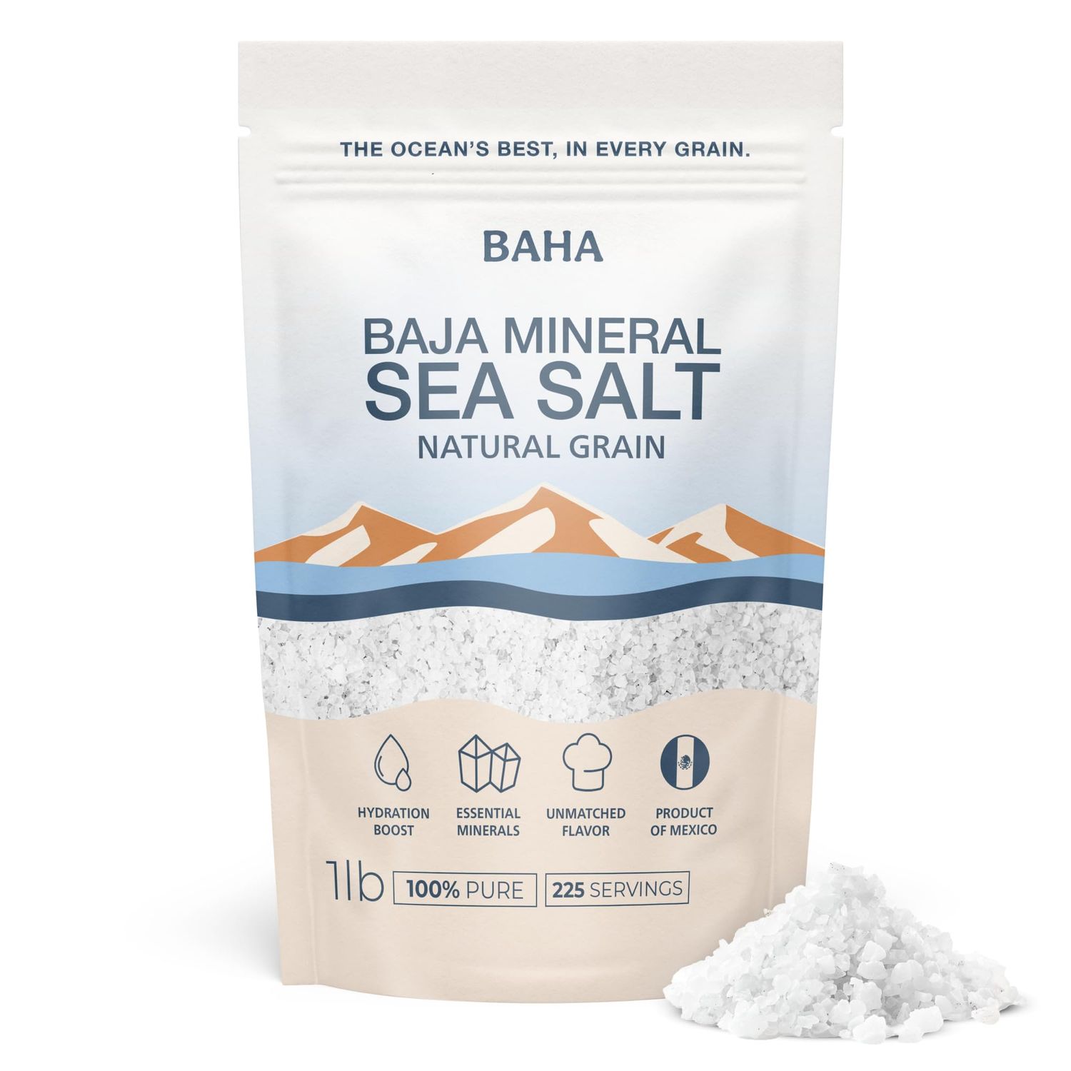 BAHA - Baja Mineral Sea Salt Original Natural Grain Baha Mineral Gold Salt from Sea of Cortez Low Sodium &amp; Mineral For Cooking, Plating and Hydration for Grinding 1 Lb. Bag