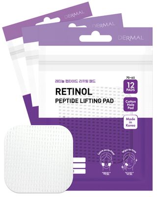 DERMAL Retinol Peptide Lifting Pad - Korean Toner Pad for Anti-Aging &amp; Wrinkles with Bakuchiol - Vegan Pure Cotton Square Pads - Travel Kit 12 Pads, 3 Pack (Total 36 Pads)