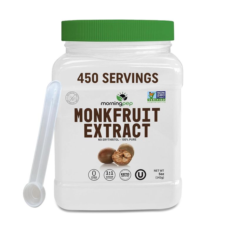 Morning Pep 100% Pure Monk Fruit extract sweetener, No Erythritol, Monkfruit Extract Powder, NON-GMO Project Verified, Keto Certified, OU kosher, No Fillers Zero Calories Over 450 Servings 5 oz