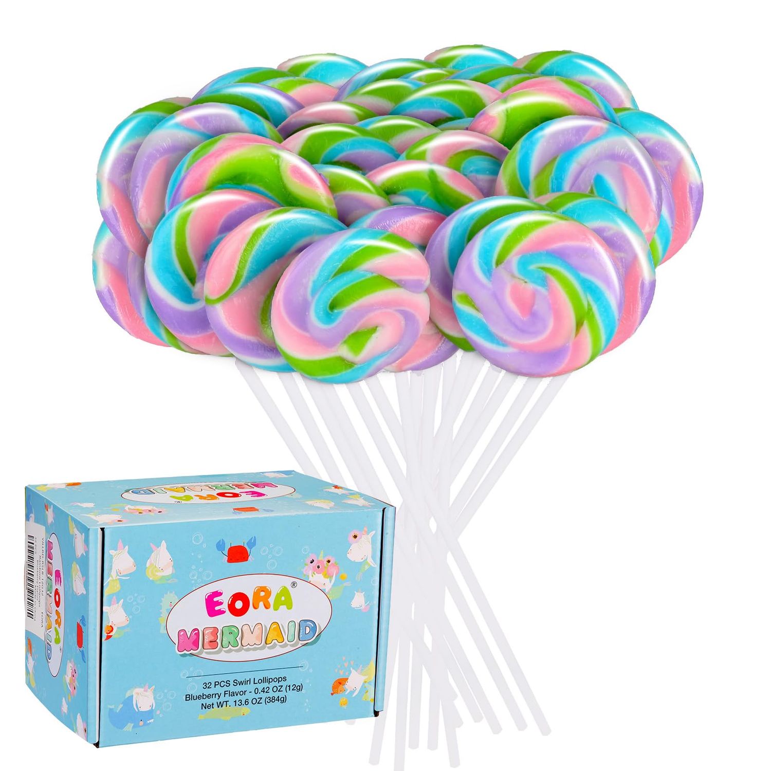 Rainbow Twisty &amp; Swirl Lollipops 32pk, Mermaid Lollipops Candy Individually Wrapped Bulk, Mermaid Party Supplies - Unicorn Candy Swirl Lollipops Suckers, Unicorn Birthday Party Favors Blueberry Flavor