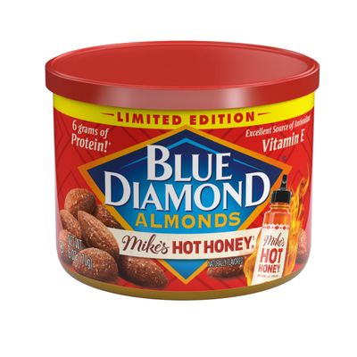 Blue Diamond Almonds, Made with Mikes Hot Honey Infused with Chilies For a Perfect Sweet and Spicy Snack Nut Combination, 6oz. Can